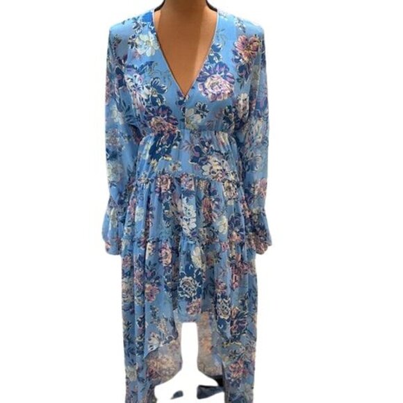 Steve Madden Blue Sol Floral Hi-Low Long Sleeve Maxi Dress – Size Small – NWT - Picture 1 of 10